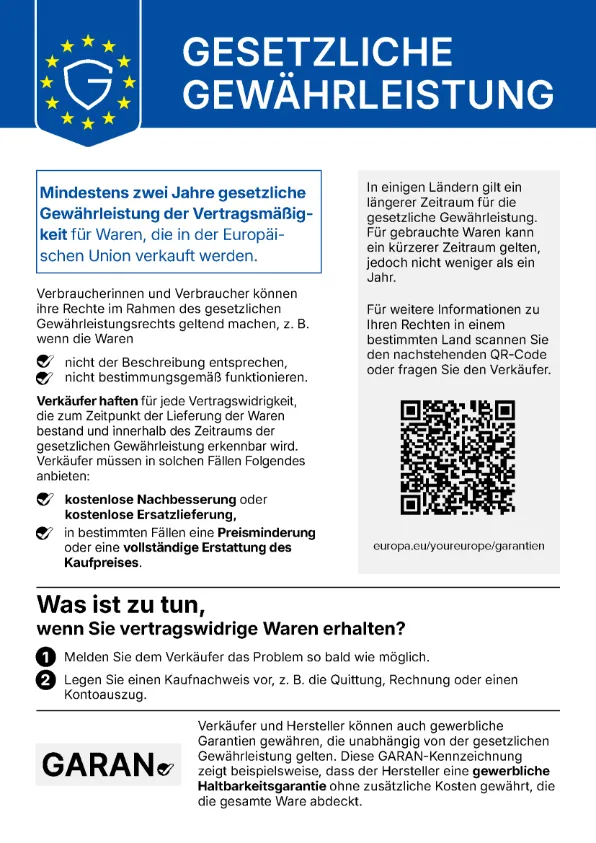 Hinweisblatt der Europäischen Union zur gesetzlichen Gewährleistung. Der Text steht daneben.